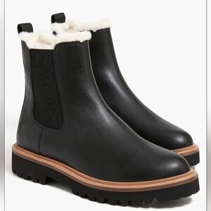 NWOT J. Crew Black Leather Ankle Boots with Faux Fur Cream Lining